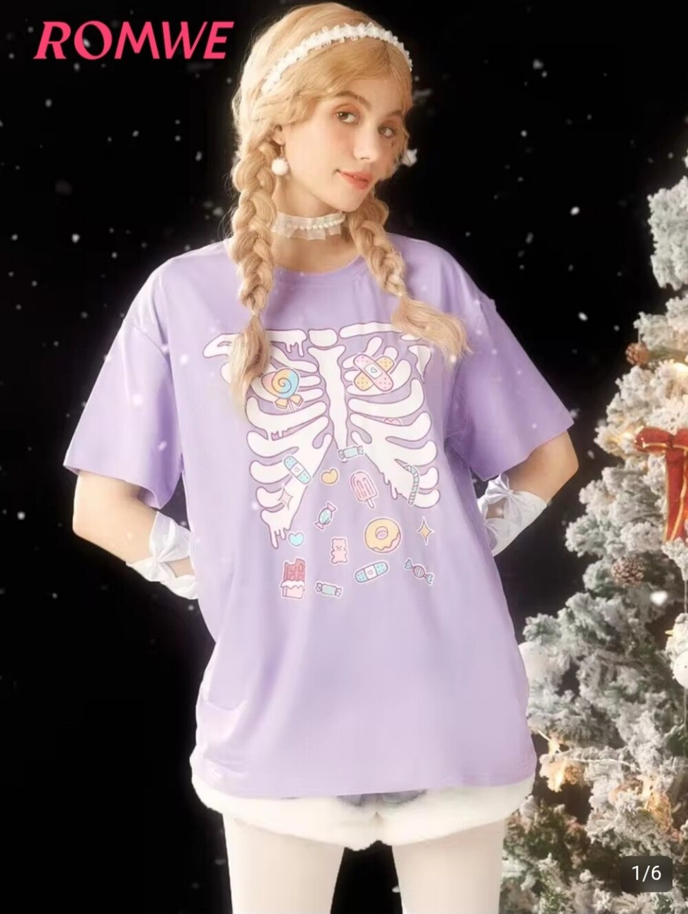 New ROMWE Lavender Skeleton Candy Graphic Tee